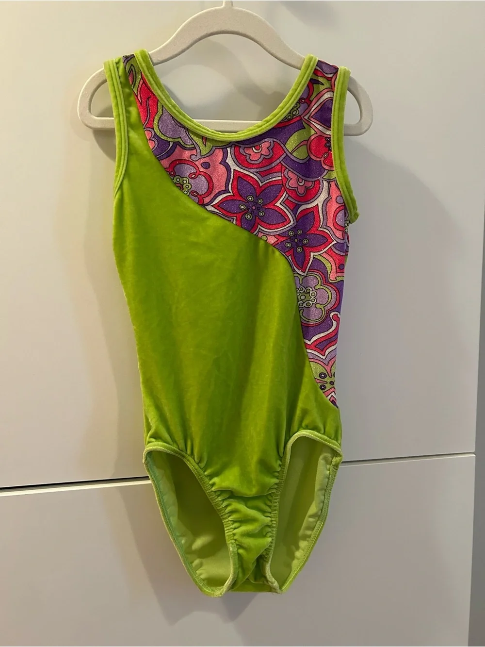 Mondor Girls' Lime Green Floral Panel Dance or Gymnastics Leotard - 10/12